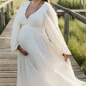 Boho White Long-Sleeve Maternity Maxi Dress - V-Neck Empire Waist